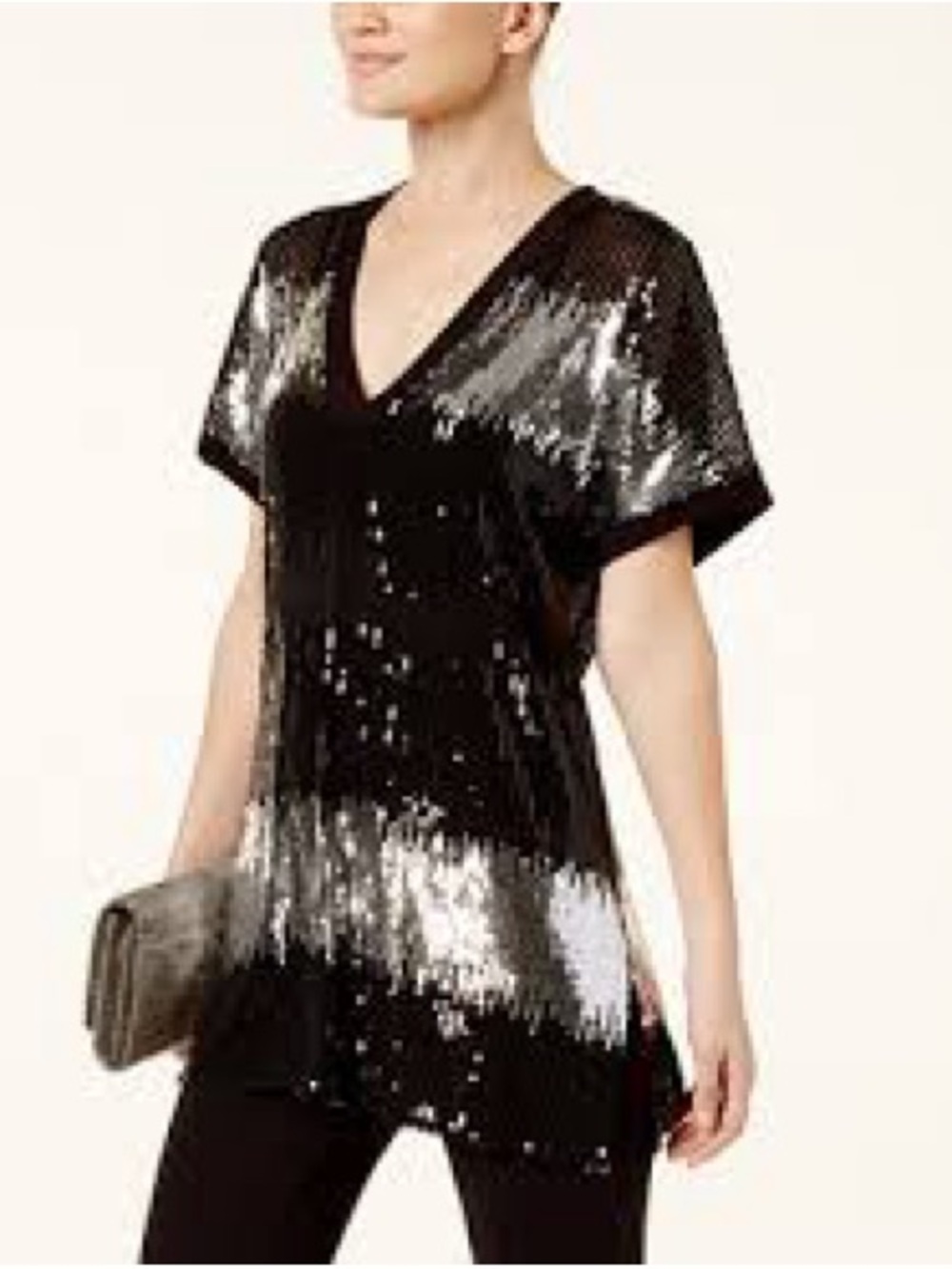 INC Black Sequin Short Sleeve Top with Silver Accents